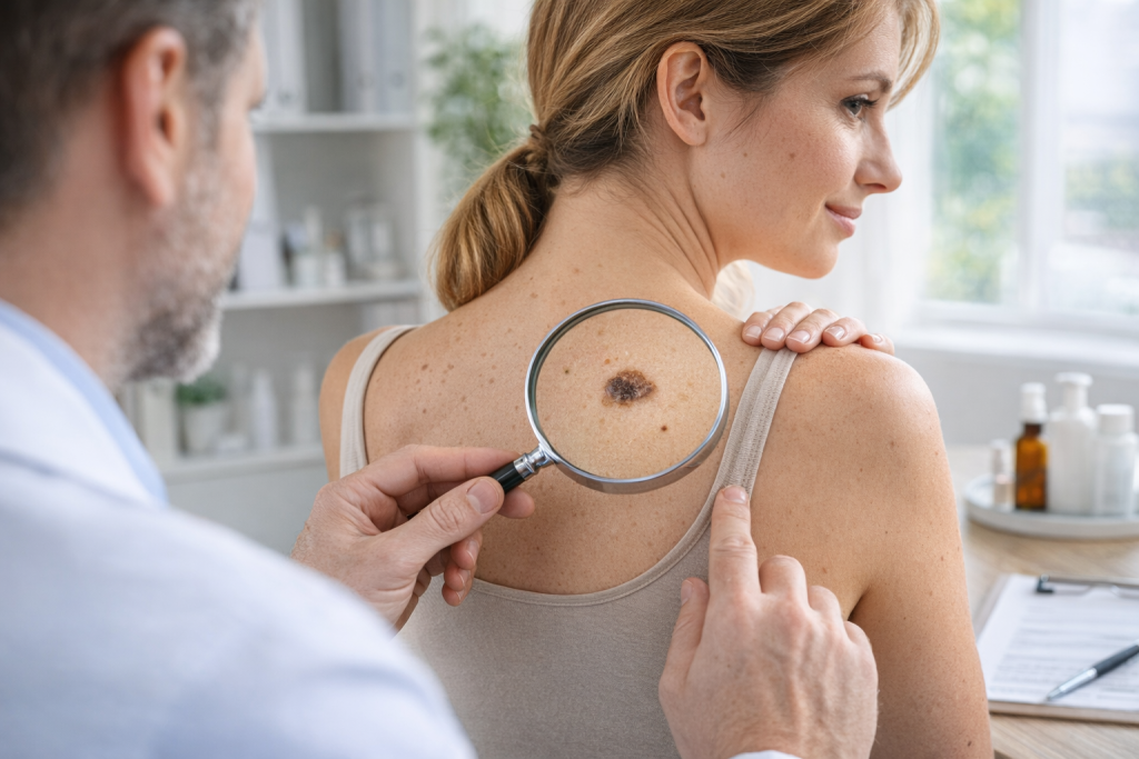 L'observation des grains de beauté, ces petites marques pigmentées qui parsèment notre peau, est bien plus qu'un réflexe de curiosité. Elle constitue une démarche essentielle dans la prévention des cancers cutanés, maladies qui, malgré leur fréquence, peuvent souvent être évitées ou traitées efficacement grâce à une détection précoce.

Les mélanomes, bien qu'ils ne représentent que 10% des cancers cutanés, sont particulièrement vigilés en raison de leur capacité à se propager rapidement à d'autres parties du corps. De ce fait, comprendre les origines, reconnaître les signes d'alerte et adopter des mesures préventives contre les cancers de la peau s'avère vital. 

Cet article vise à démystifier ces aspects, en mettant en lumière les connaissances essentielles à la surveillance des grains de beauté et à la prévention du cancer de la peau.

Un grain de beauté  qu'est-ce que c'est  

Un grain de beauté, ou naevus, est caractérisé par une concentration accrue de mélanocytes, les cellules responsables de la pigmentation de la peau. Ces formations peuvent se manifester sous différentes apparences, telles que des taches de couleur brune ou des nodules de nuances variant du rose au brun, et leur taille est variable. Les grains de beauté sont fréquemment observés sur les parties du corps les plus exposées au soleil, incluant le visage, les bras, les jambes, et le dos, indépendamment du sexe de l'individu.

Origines d'un grain de beauté cancéreux

Les mélanomes, un type de cancer cutané, peuvent se développer sur une peau préalablement saine dans environ 80% des cas. Cependant, dans 20% des situations, ils émergent à partir d'un naevus existant qui se transforme en tumeur, souvent sous l'influence de facteurs tels qu'une exposition excessive aux rayons ultraviolets (UV). 

L'exérèse chirurgicale par un professionnel est nécessaire pour retirer le naevus pathologique. Une détection précoce de la tumeur réduit significativement le risque de propagation dans l'organisme, soulignant l'importance des consultations dermatologiques régulières face à un grain de beauté suspect.

Quels sont les différents cancers de la peau 

Les cancers de la peau, également désignés sous le terme de cancers cutanés, se catégorisent principalement en trois types, chacun présentant des caractéristiques et des niveaux de gravité distincts.

Mélanome

Le mélanome constitue une forme moins commune de cancer de la peau, représentant environ 10% des cas. Il est considéré comme particulièrement grave en raison de sa propension à former des métastases dans près de 20 % des occurrences. Ces métastases se caractérisent par la dissémination des cellules cancéreuses au-delà de la tumeur originale vers d'autres parties du corps. Le diagnostic de mélanome survient majoritairement chez des individus âgés de plus de 50 ans, bien qu'il puisse affecter toutes les tranches d'âge. 

Bien que pouvant apparaître sur n'importe quelle partie du corps, les mélanomes se manifestent fréquemment sur les zones ayant été exposées au soleil. Ils peuvent se développer sur une peau auparavant saine ou émerger d'un grain de beauté préexistant.

Carcinome basocellulaire

Représentant 70 % des cancers cutanés, le carcinome basocellulaire est le type le plus courant, mais aussi le moins sévère, du fait de sa nature principalement localisée. Ce cancer origine des cellules basales situées au sein du derme, la couche la plus profonde de l'épiderme. Sa guérison est hautement probable suite à une excision chirurgicale complète de la lésion cancéreuse.

Carcinome épidermoïde

Occupant 20 % des cas de cancers de la peau, les carcinomes épidermoïdes se distinguent par une agressivité supérieure à celle des carcinomes basocellulaires. Ces cancers prennent naissance dans les couches supérieures de l'épiderme et présentent un risque de propagation aux ganglions lymphatiques et, par conséquent, de métastase. Un dépistage précoce est crucial pour améliorer les perspectives de traitement et de guérison de ce type de cancer cutané.

Quels sont les signes qui doivent alerter 

Le mélanome se manifeste par diverses apparences, souvent débutant comme un grain de beauté anormal sur la peau. Un grain de beauté est une formation non cancéreuse commune, se présentant typiquement comme une tache ronde ou ovale, généralement de couleur brune, brun clair ou rose, pouvant être surélevé ou plat. La plupart des individus possèdent des grains de beauté.

Les signes avant-coureurs d'un mélanome incluent des modifications de la couleur, de la taille ou de la forme d’un grain de beauté. Ces changements peuvent affecter un grain de beauté existant ou résulter de l'apparition d'un nouveau grain de beauté, bien que d'autres conditions puissent également imiter l'aspect d'un mélanome.

Pour identifier les signes et symptômes communs du mélanome, la règle de l’ABCDE peut être utile. Il est crucial de consulter un médecin en cas de constatation des modifications suivantes sur la peau 

A pour Asymétrie – Une moitié du grain de beauté diffère en forme de l'autre.

B pour Bordure irrégulière – Le contour du grain de beauté est inégal, avec des bords dentelés, échancrés ou flous, et la couleur peut se propager aux tissus adjacents.

C pour Couleurs variées – Le grain de beauté présente des nuances inégales, avec des zones de brun clair, brun, noir, et parfois de bleu, gris, rouge, rose ou blanc.

D pour Diamètre – Le diamètre du grain de beauté excède 6 mm (environ la taille d'une gomme de crayon).

E pour Évolution – Observation d'un changement dans la couleur, la taille, la forme, ou la texture du grain de beauté, accompagné parfois de démangeaisons ou de sensations de brûlure ou de picotement.

Autres symptômes du mélanome à surveiller comprennent une zone de peau qui ne guérit pas, un grain de beauté suintant ou saignant, et la présence d'une lésion ouverte ou ulcérée.

Prévention du cancer de la peau

Effectuer un suivi régulier de l'état de sa peau constitue une démarche préventive cruciale pour la détection précoce des mélanomes et des carcinomes cutanés. Un dépistage en amont facilite l'accès à un traitement précoce, lequel est généralement associé à de très bonnes chances de rémission.

Accorder une attention particulière à sa peau devient encore plus crucial lorsqu'on présente des facteurs de risque de cancer cutané.

Facteurs de risque principaux associés au cancer cutané 

Exposition soutenue etou intensive au soleil, augmentant le risque de lésions cutanées.

Histoire de coups de soleil répétés durant l'enfance, un indicateur significatif de risque accru.

Antécédents familiaux de mélanomes ou carcinomes, signalant une susceptibilité génétique.

Présence d'un nombre élevé de grains de beauté sur le corps, bien que cela n'augmente pas nécessairement le risque de transformation d'un grain de beauté en cancer. Il est à noter que la transformation d'un naevus en mélanome est relativement exceptionnelle, touchant seulement environ 1 grain de beauté sur 100 000.

Il est essentiel de ne pas limiter la surveillance au seul examen des grains de beauté. En effet, les mélanomes ont une plus grande probabilité de se manifester sur des zones de peau sans naevus préexistant que de procéder d'un grain de beauté existant.