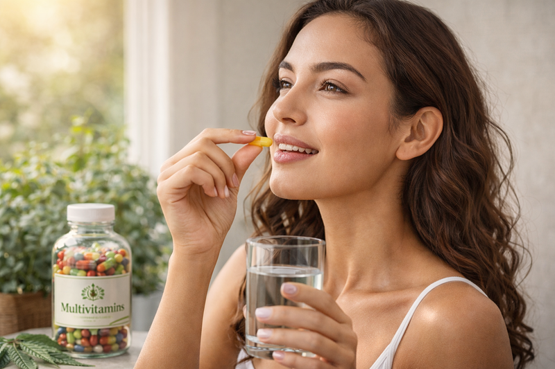 Une femme avec une très belle peau qui prend des multivitamines