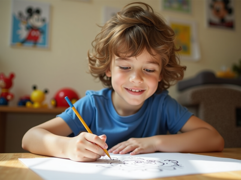 Un jeune garçon qui dessine Mickey