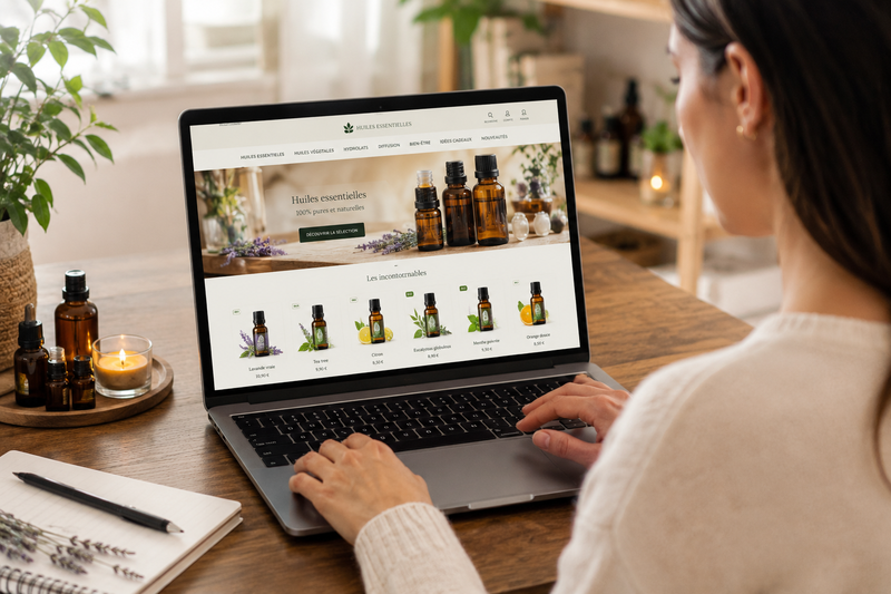 Une femme qui achète ses huiles essentielles sur une boutique en ligne