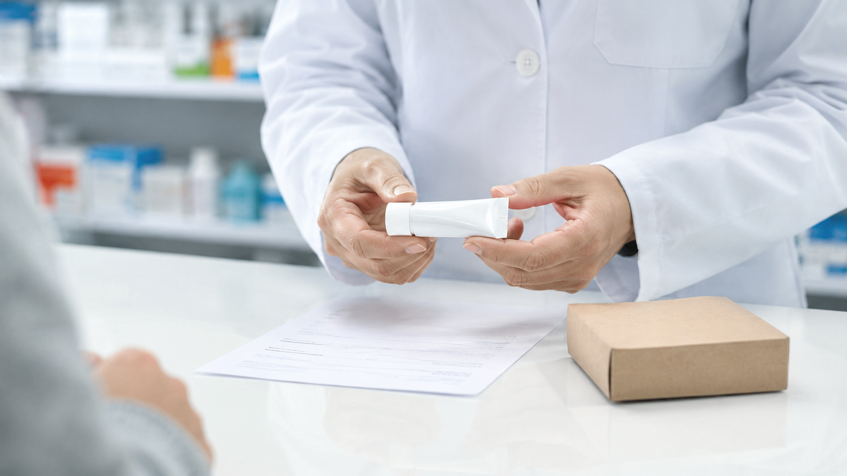 Pharmacien présentant un tube de crème dermatologique neutre sur ordonnance.