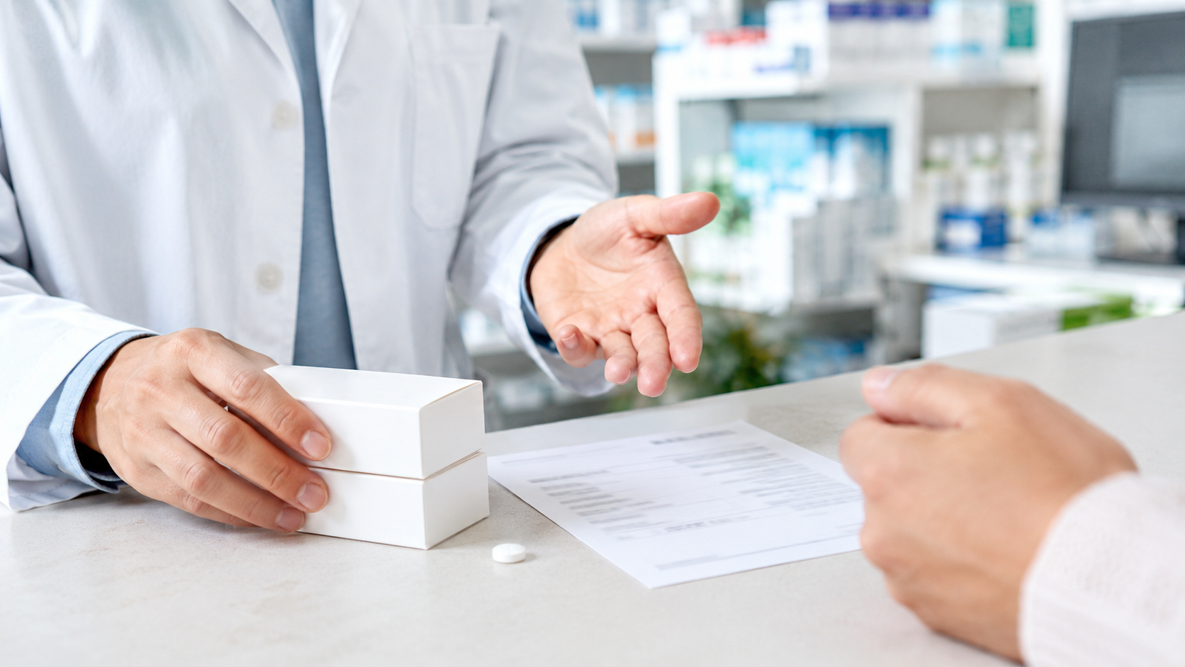 Pharmacien présentant des boîtes de médicaments neutres à un patien