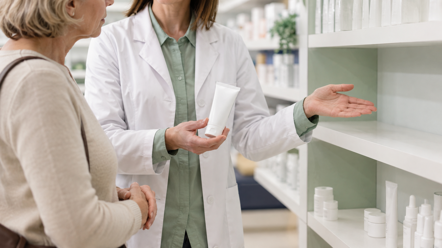 Pharmacienne conseillant une pommade neutre à une cliente devant une étagère vide.