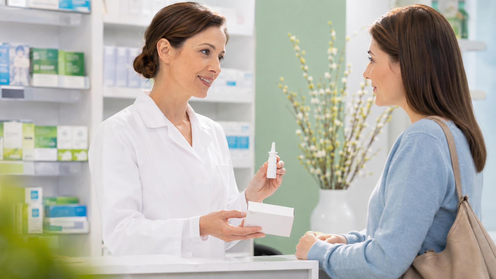 Femme recevant le conseil d’un pharmacien pour un traitement contre les allergies.