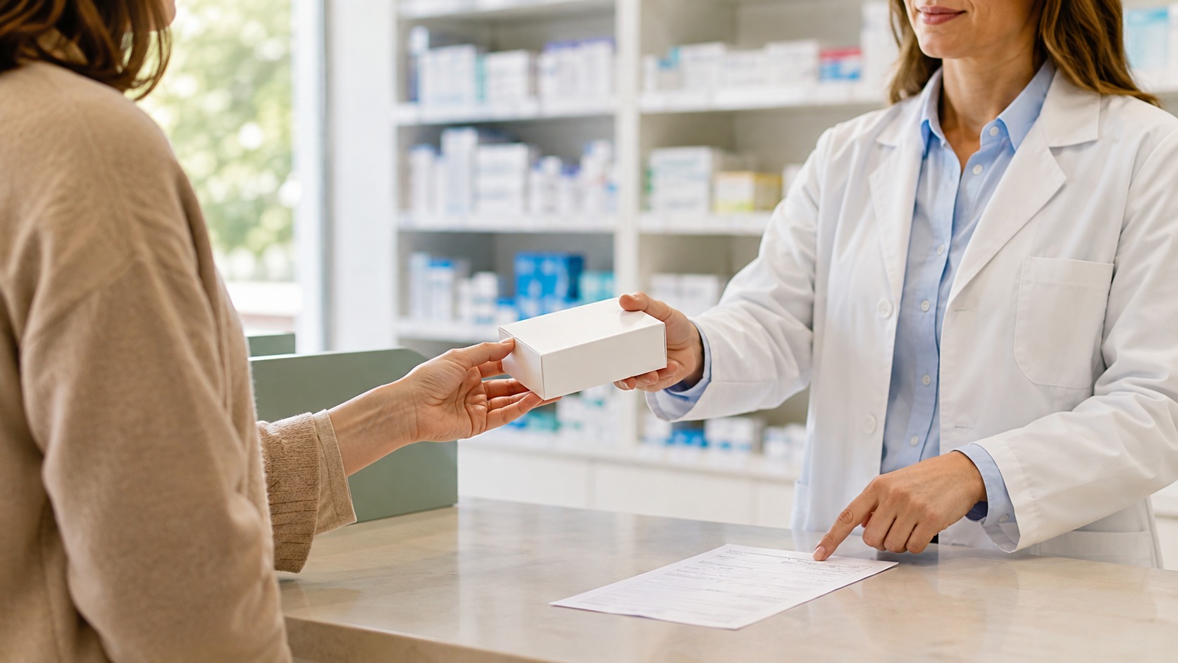 Pharmacienne remettant une boîte de médicament neutre à une patiente sur présentation d’une ordonnance.