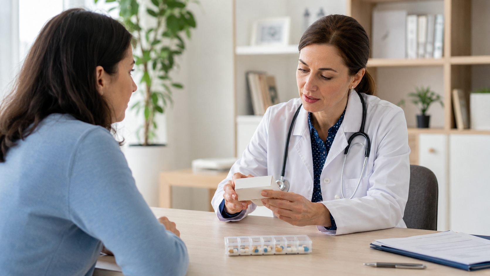 Patient échangeant avec un professionnel de santé au sujet d’un traitement par prégabaline.