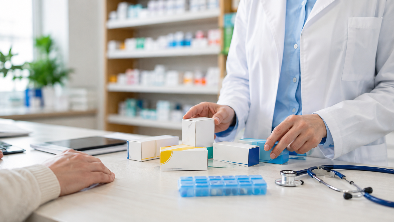 Pharmacien présentant des boîtes de médicaments neutres et un pilulier lors d’un échange avec un patient.